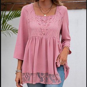 Pink Lace-Accent Empire-Waist Top